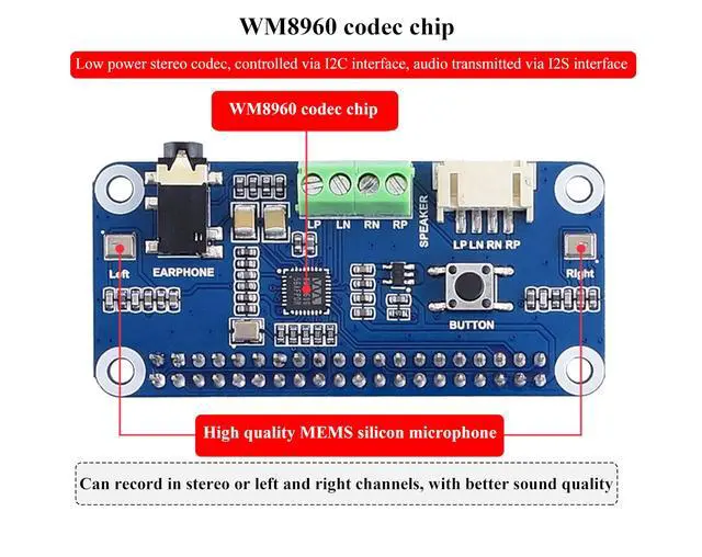 Alt view image 5 of 5 - WM8960 Audio HAT Compatible with Raspberry Pi 5/4B/3B+/3B/Pi Zero/Zero W/Pi Zero 2W/Zero 2WH/Pico W/Pico 2W, WM8960 Hi-Fi Sound Card HAT, Stereo CODEC, Hi-Fi Play/Record, Come with 8 5W Speaker