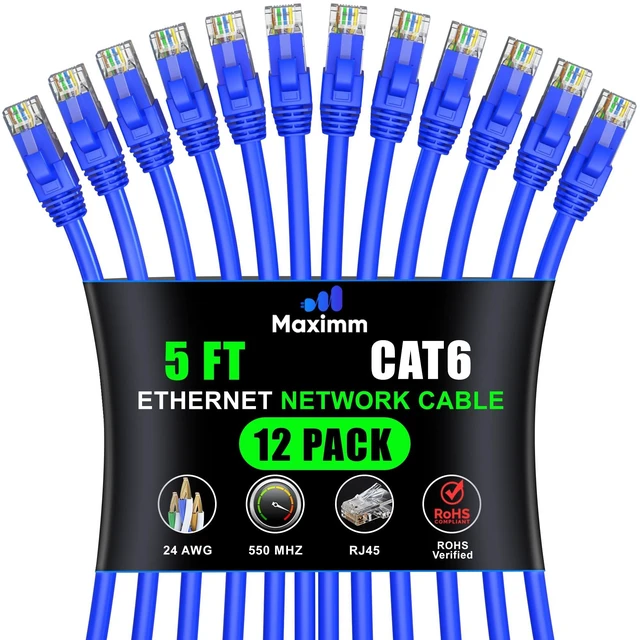 Main image of Maximm Cat6 Ethernet Cable 5 Ft, 10 Gbps 550 MHz, Blue, 12 Pack