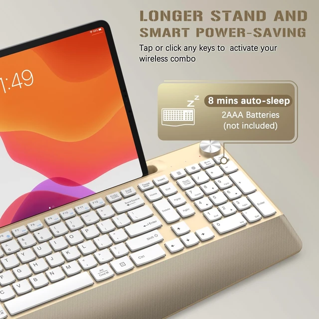 Alt view image 4 of 5 - JOYACCESS Ergonomic Wireless Keyboard with Palm Rest & Tilt Angle, 2.4G Full-Size, Comfortable Typing, USB-C Adapter & Phone Holder for Mac/Windows -Gold White