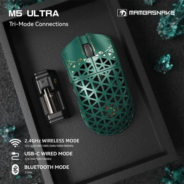 Alt view image 2 of 5 - MAMBASNAKE M5 Ultra Carbon Fiber 8KHz Wireless Gaming Mouse,PAW3950MAX Sensor 42K DPI,39g Superlight Tri-Mode 2.4GHz/BT/Wired Computer Mice,Web Driver Support,for Win/Mac/FPS/MOBA/Esports-Green