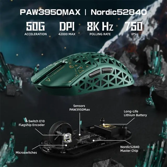 Alt view image 5 of 5 - MAMBASNAKE M5 Ultra Carbon Fiber 8KHz Wireless Gaming Mouse,PAW3950MAX Sensor 42K DPI,39g Superlight Tri-Mode 2.4GHz/BT/Wired Computer Mice,Web Driver Support,for Win/Mac/FPS/MOBA/Esports-Green