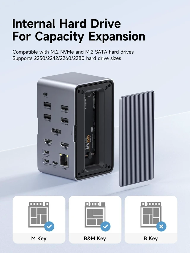 Alt view image 3 of 5 - Hagibis USB C Docking Station Triple Monitor, LED Strip Light USB-C Hub Type-C Adapter with 8K DP&HDMI, M.2 SSD Enclosure, 100W PD, 10Gbps USB 3.1, 2.5G RJ45 for MacBook Air Pro, Laptop (U100 Ultra+)