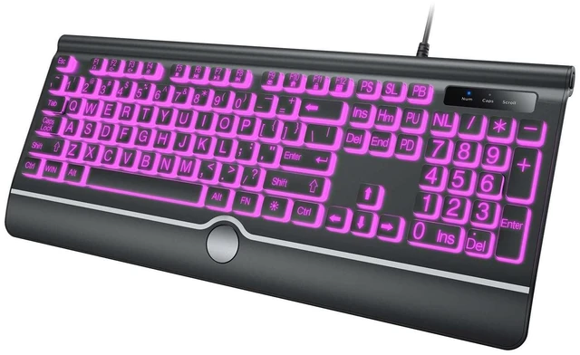 Main image of Backlit Large Print Keyboard, Wired Light Up Keyboards with 7-Color Backlit, Wrist Rest, Oversize Letters Keys Easy to See and Type, Corded Full-Size Keyboard for Windows Desktop, Laptop, PC, Gaming