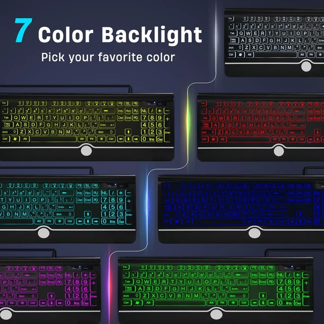 Alt view image 2 of 5 - Backlit Large Print Keyboard, Wired Light Up Keyboards with 7-Color Backlit, Wrist Rest, Oversize Letters Keys Easy to See and Type, Corded Full-Size Keyboard for Windows Desktop, Laptop, PC, Gaming