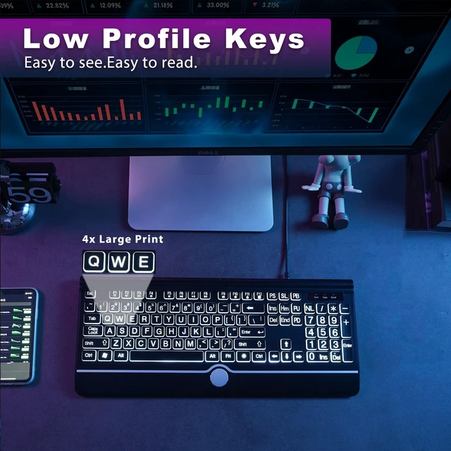 Alt view image 4 of 5 - Backlit Large Print Keyboard, Wired Light Up Keyboards with 7-Color Backlit, Wrist Rest, Oversize Letters Keys Easy to See and Type, Corded Full-Size Keyboard for Windows Desktop, Laptop, PC, Gaming