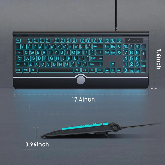 Alt view image 3 of 5 - Backlit Large Print Keyboard, Wired Light Up Keyboards with 7-Color Backlit, Wrist Rest, Oversize Letters Keys Easy to See and Type, Corded Full-Size Keyboard for Windows Desktop, Laptop, PC, Gaming