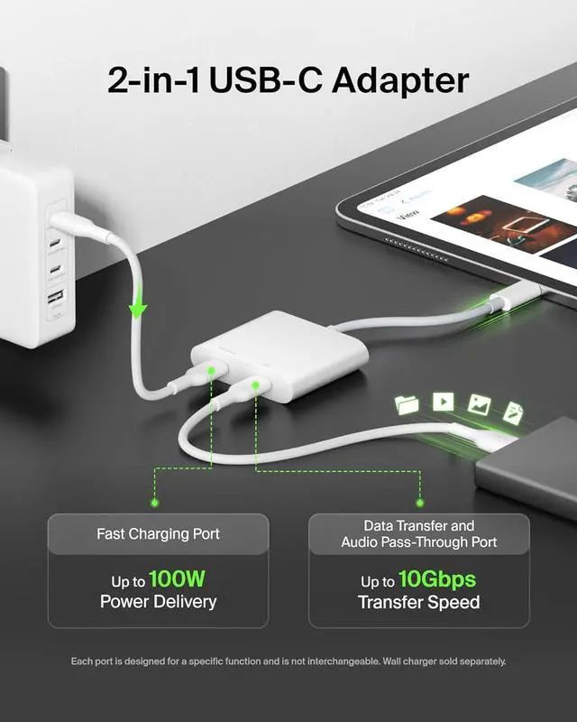Alt view image 2 of 7 - Belkin USB C Splitter - Dual Port Hub - 1 x USB-C 3.2 Gen2 Port & 1 x 100W PD Port - Simultaneous Data Transfer & iPhone Charger Fast Charging - Apple iPhone, iPad, Nintendo Switch 2 & More - White
