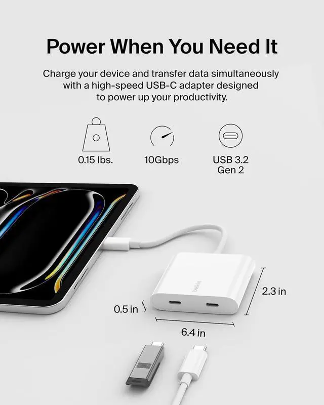 Alt view image 3 of 7 - Belkin USB C Splitter - Dual Port Hub - 1 x USB-C 3.2 Gen2 Port & 1 x 100W PD Port - Simultaneous Data Transfer & iPhone Charger Fast Charging - Apple iPhone, iPad, Nintendo Switch 2 & More - White