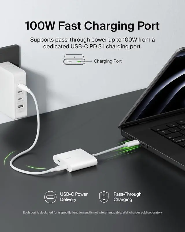 Alt view image 3 of 7 - USB C Splitter - Dual Port Hub - 1 x USB-C 3.2 Gen2 Port & 1 x 100W PD Port - Simultaneous Data Transfer & iPhone Charger Fast Charging - Apple iPhone, iPad, Nintendo Switch 2 & More - White
