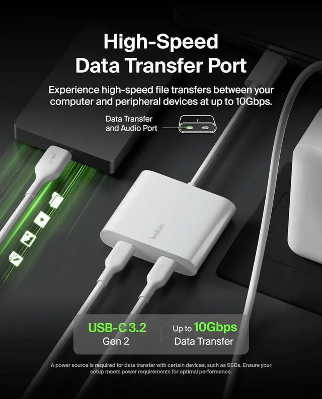 Alt view image 4 of 7 - USB C Splitter - Dual Port Hub - 1 x USB-C 3.2 Gen2 Port & 1 x 100W PD Port - Simultaneous Data Transfer & iPhone Charger Fast Charging - Apple iPhone, iPad, Nintendo Switch 2 & More - White