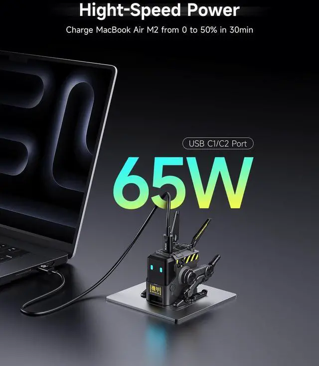 Alt view image 2 of 7 - 65W Alpha65 Robot Fast GaN Charger Block, 3-Port Charger, Foldable Wall USB C for iPhone, MacBook, iPad, Laptop, Steam Deck, Gifts Men (65W, Gray) by DT