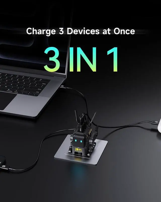 Alt view image 3 of 7 - 65W Alpha65 Robot Fast GaN Charger Block, 3-Port Charger, Foldable Wall USB C for iPhone, MacBook, iPad, Laptop, Steam Deck, Gifts Men (65W, Gray) by DT