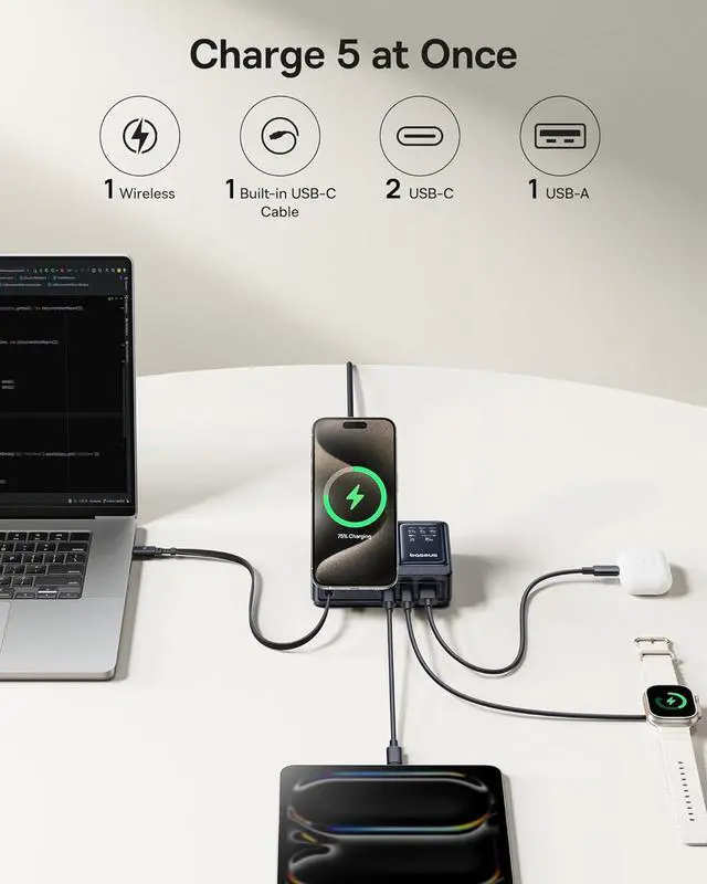 Alt view image 2 of 7 - Nomos 5-in-1 Charging Station 140W, Qi2 Certified 15W Magnetic Wireless Charger with 100W Retractable Cable, GaN Fast USB C Desktop for Magsafe, iPhone 16/15 Pro Max, MacBook by DT