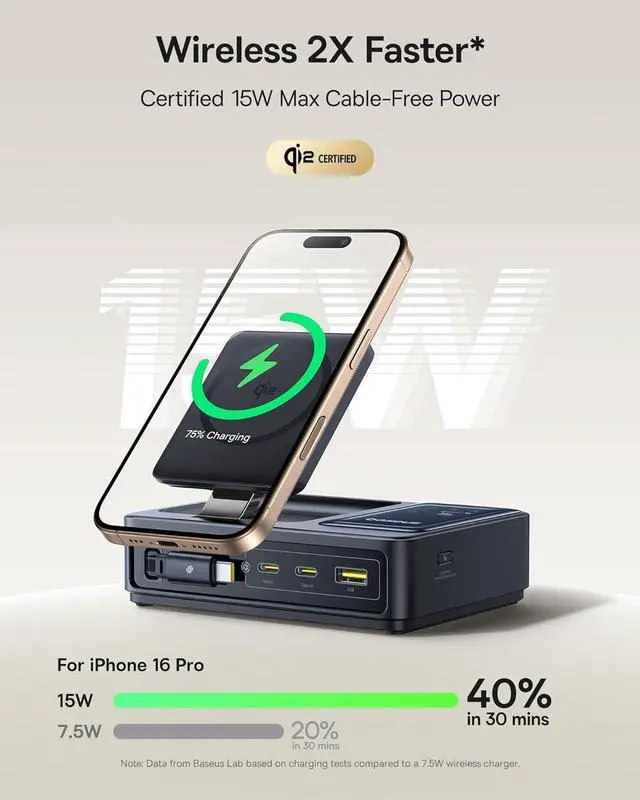 Alt view image 3 of 7 - Nomos 5-in-1 Charging Station 140W, Qi2 Certified 15W Magnetic Wireless Charger with 100W Retractable Cable, GaN Fast USB C Desktop for Magsafe, iPhone 16/15 Pro Max, MacBook by DT