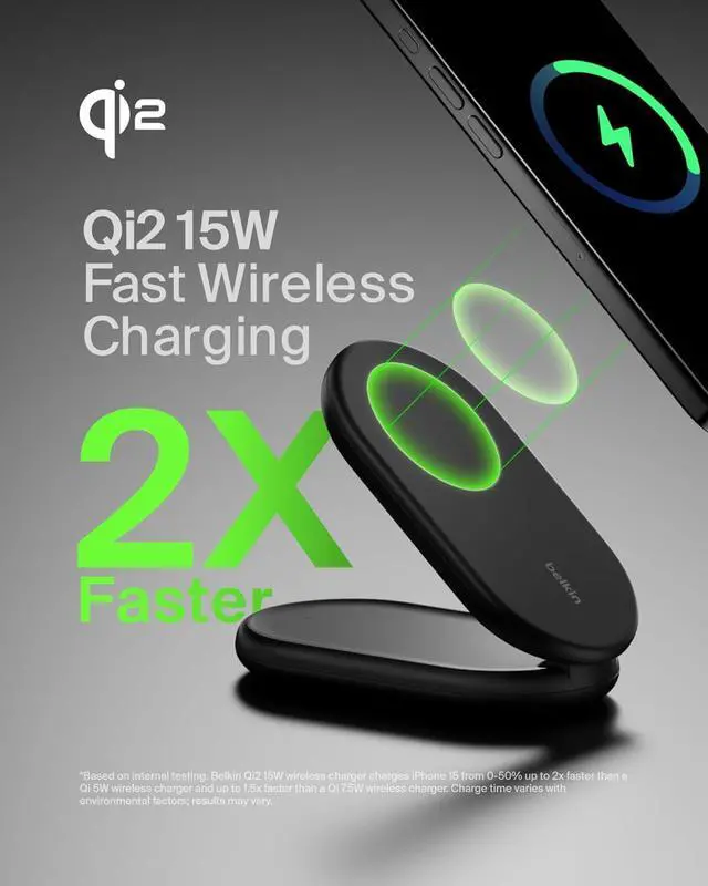 Alt view image 2 of 6 - Belkin Magnetic Foldable Wireless Charging Stand 15W - MagSafe-Compatible Qi2-Certified Charger, Wireless Charging Stand for iPhone 16, Galaxy S25, & More - Standby Mode Ready w/PSU Included - Black