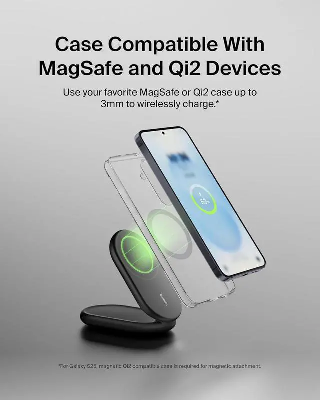 Alt view image 6 of 6 - Belkin Magnetic Foldable Wireless Charging Stand 15W - MagSafe-Compatible Qi2-Certified Charger, Wireless Charging Stand for iPhone 16, Galaxy S25, & More - Standby Mode Ready w/PSU Included - Black