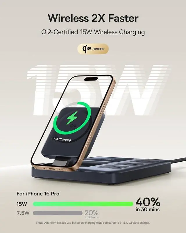 Alt view image 3 of 7 - Baseus Nomos 8-in-1 Charging Station 67W, Qi2 Certified 15W Magnetic Wireless Charger with 3AC & 4USB, Foldable Detachable Slim Power Strip for Magsafe, iPhone 16/15 Pro Max, MacBook Pro