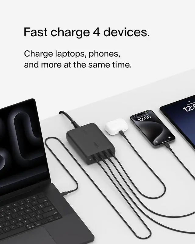 Alt view image 2 of 7 - Belkin BoostCharge Pro 4-Port USB-C GaN Wall Charger, 200W Multi-Port Charger USB-C PD 3.1 Fast Charge + 5ft Power Cord - MacBook, iPhone 16, iPad, Galaxy S25, Google Pixel, Nintendo Switch 2 - Black