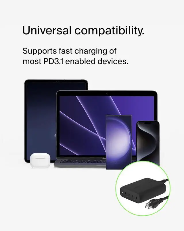 Alt view image 6 of 7 - Belkin BoostCharge Pro 4-Port USB-C GaN Wall Charger, 200W Multi-Port Charger USB-C PD 3.1 Fast Charge + 5ft Power Cord - MacBook, iPhone 16, iPad, Galaxy S25, Google Pixel, Nintendo Switch 2 - Black