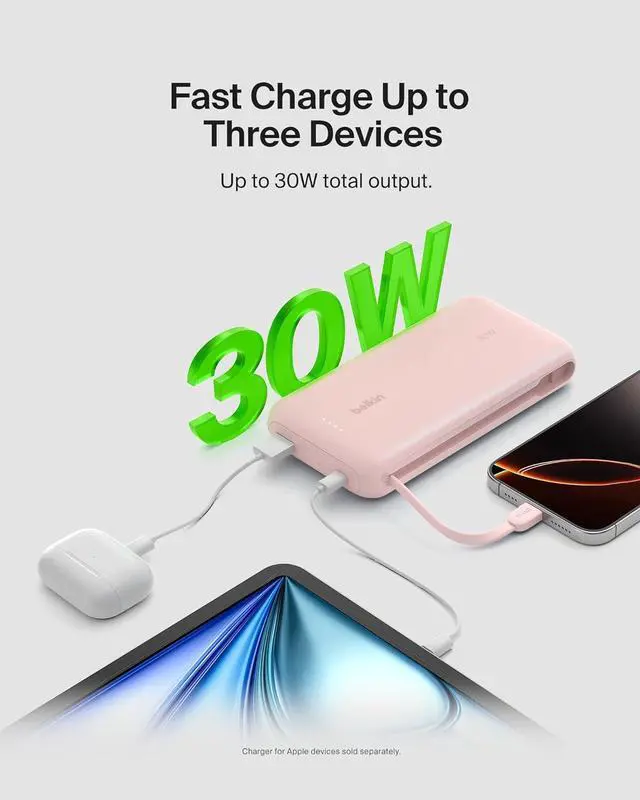 Alt view image 3 of 7 - Belkin Portable Charger, Power Bank with Integrated Cable 20K PD 30W - Fast Charging USB-C Power Delivery, iPhone Charger - iPhone 16 Series, iPad Pro, Galaxy S25 Series, & More - Pink