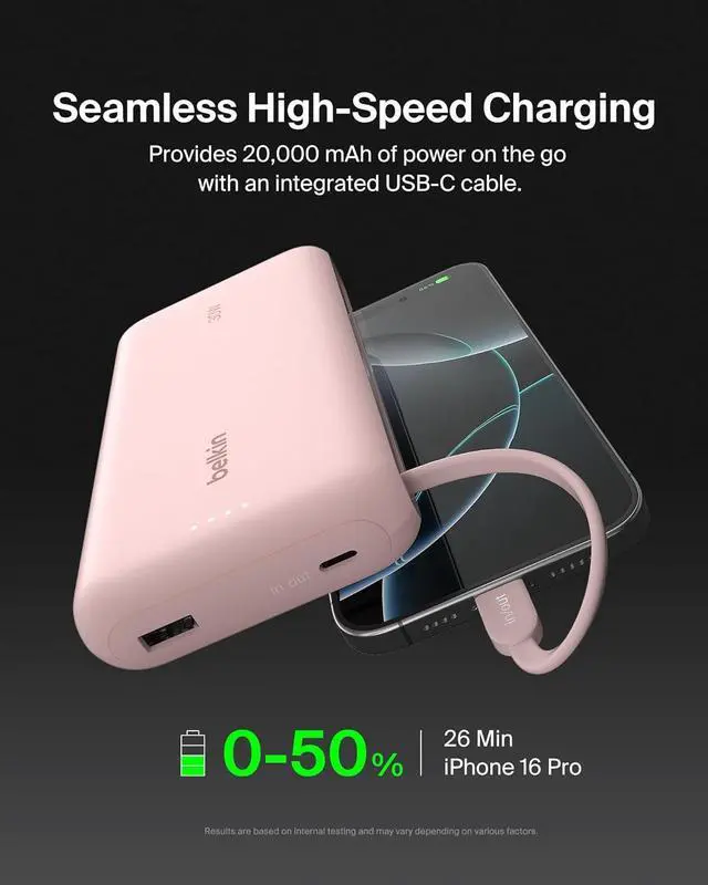 Alt view image 2 of 7 - Belkin Portable Charger, Power Bank with Integrated Cable 20K PD 30W - Fast Charging USB-C Power Delivery, iPhone Charger - iPhone 16 Series, iPad Pro, Galaxy S25 Series, & More - Pink