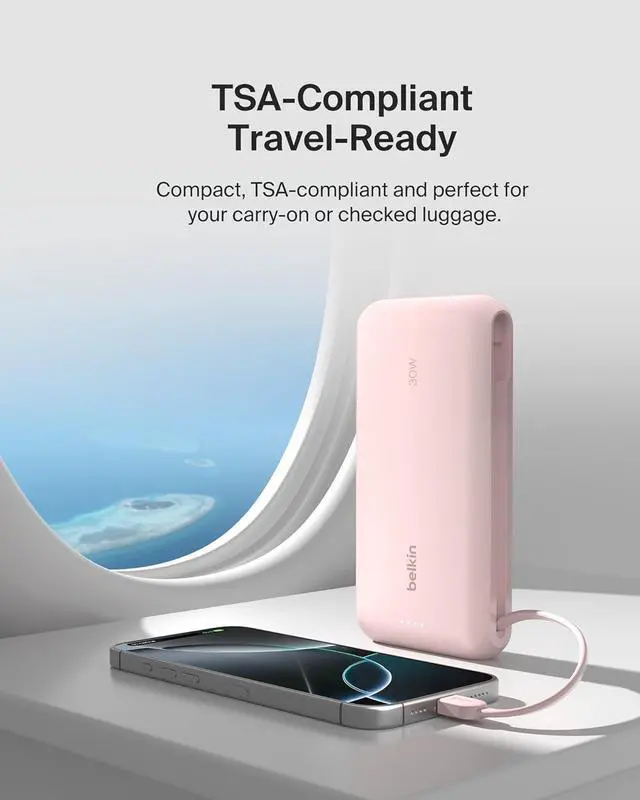 Alt view image 5 of 7 - Belkin Portable Charger, Power Bank with Integrated Cable 20K PD 30W - Fast Charging USB-C Power Delivery, iPhone Charger - iPhone 16 Series, iPad Pro, Galaxy S25 Series, & More - Pink