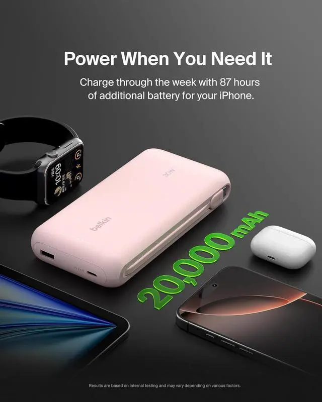 Alt view image 4 of 7 - Belkin Portable Charger, Power Bank with Integrated Cable 20K PD 30W - Fast Charging USB-C Power Delivery, iPhone Charger - iPhone 16 Series, iPad Pro, Galaxy S25 Series, & More - Pink