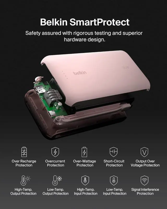 Alt view image 6 of 7 - Belkin Portable Charger, Power Bank with Integrated Cable 20K PD 30W - Fast Charging USB-C Power Delivery, iPhone Charger - iPhone 16 Series, iPad Pro, Galaxy S25 Series, & More - Pink