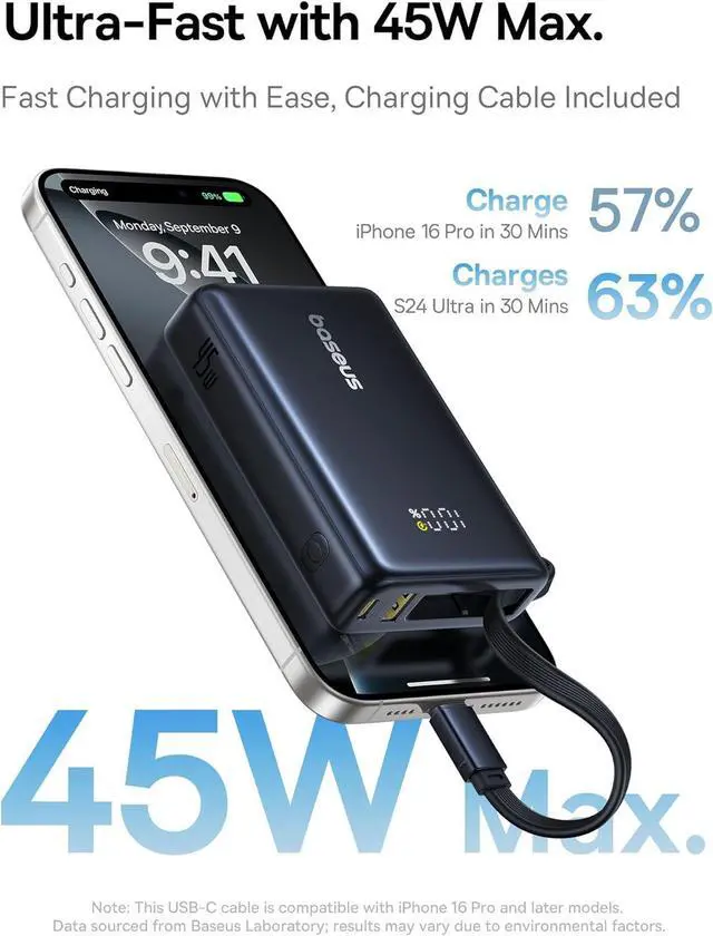 Alt view image 4 of 7 - Baseus Picogo 10000mAh 45W 3-Output Portable Charger with Built-in USB-C Cable 22.5W PD Fast Charging 10000mAh Power Bank Built-in Braided USB C Cable
