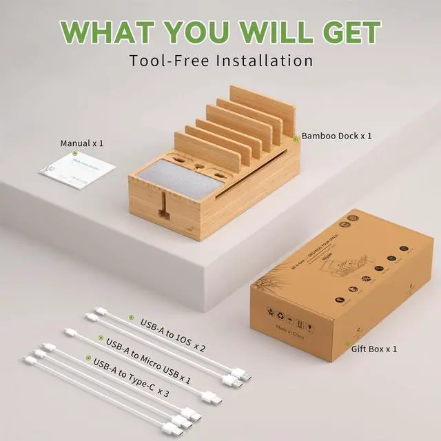 Alt view image 2 of 7 - Pezin & Hulin Bamboo Charging Station for Multiple Devices, Charger Dock Holder Stand for Cell Phone and Tablet, Electronic Devices Organizer, 6 USB Cables