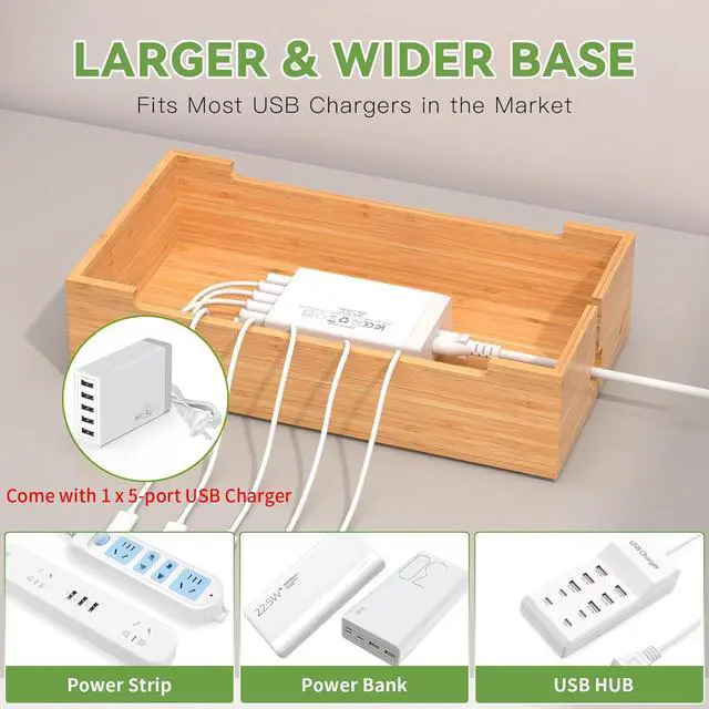 Alt view image 6 of 7 - Pezin & Hulin Charging Station for Multi Devices, All in One Desktop Charger Organizer, with Power USB Charge Adapter and 6 Cables, Use As Power Strip Hidden Box -Natural Color