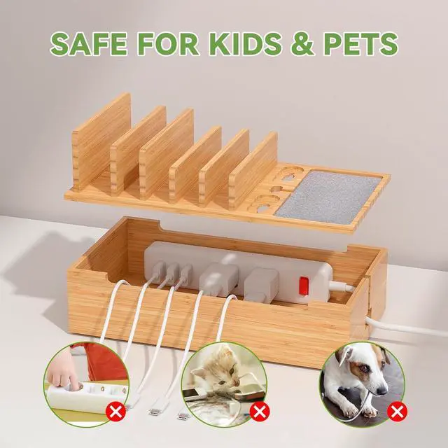 Alt view image 5 of 7 - Pezin & Hulin Charging Station for Multi Devices, All in One Desktop Charger Organizer, with Power USB Charge Adapter and 6 Cables, Use As Power Strip Hidden Box -Natural Color