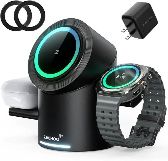 Main image of ZEEHOO 3 in 1 Charging Station for Samsung, Wireless Charger Stand, Qi2 15W Fast Charging for Samsung Galaxy S24 Ultra/S23 Ultra/S22/S21, Galaxy Watch Ultra/7/6/5, Galaxy Buds 2/2 Pro (Black)