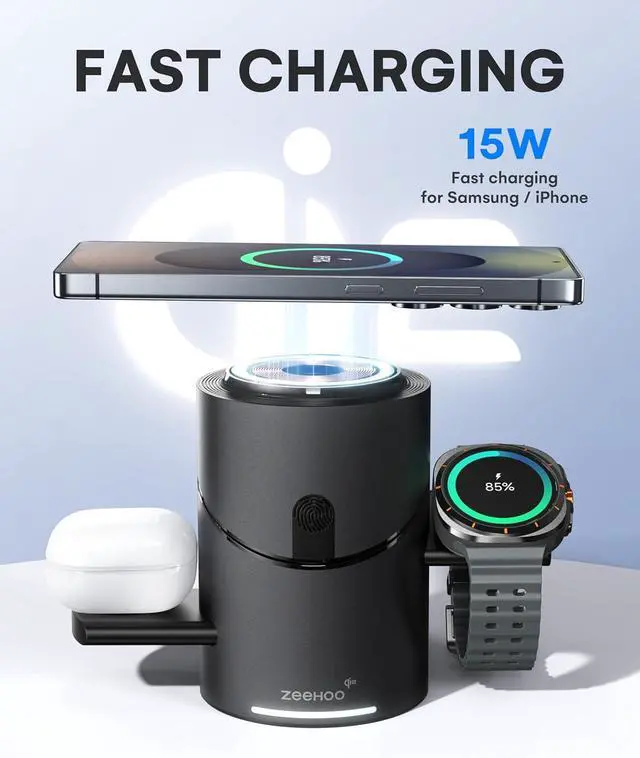 Alt view image 2 of 7 - ZEEHOO 3 in 1 Charging Station for Samsung, Wireless Charger Stand, Qi2 15W Fast Charging for Samsung Galaxy S24 Ultra/S23 Ultra/S22/S21, Galaxy Watch Ultra/7/6/5, Galaxy Buds 2/2 Pro (Black)