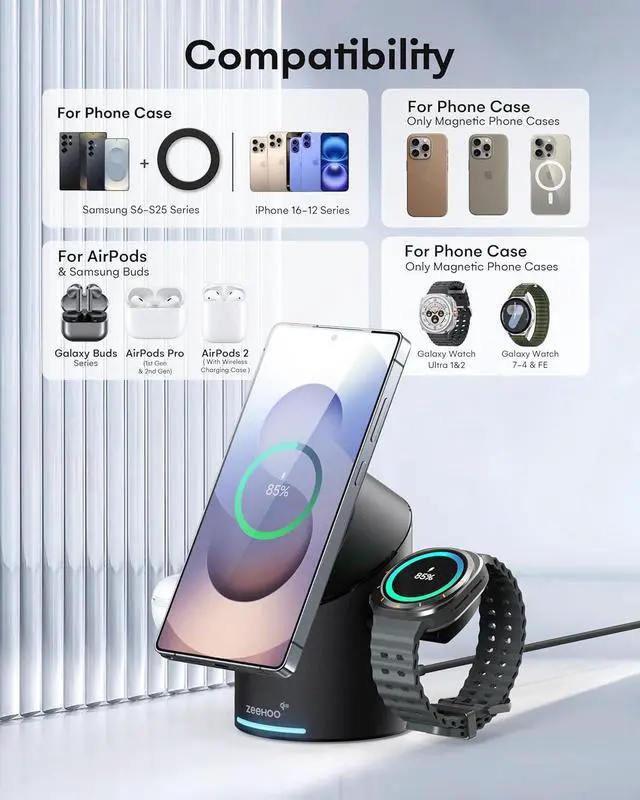 Alt view image 4 of 7 - ZEEHOO 3 in 1 Charging Station for Samsung, Wireless Charger Stand, Qi2 15W Fast Charging for Samsung Galaxy S24 Ultra/S23 Ultra/S22/S21, Galaxy Watch Ultra/7/6/5, Galaxy Buds 2/2 Pro (Black)