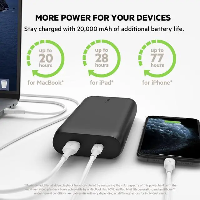Alt view image 2 of 7 - Belkin Portable Charger - USB-C Cable Included - USB C Power Bank PD 20000 mAh, iPhone Charger Fast Charging Apple iPhone 16, iPad Pro, Samsung Galaxy S25, Nintendo Switch 2 & More - Black