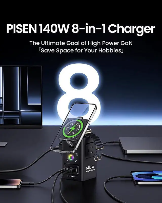 Alt view image 4 of 7 - PISEN 8-in-1 Mag-Safe Charger Stand - 140W Charging Station for Multiple Devices Mag-Safe Stand Magnetic Qi2 Wireless Charger for iPhone 16/15/14/13/12 Series, Magnetic Charger for Apple Watch
