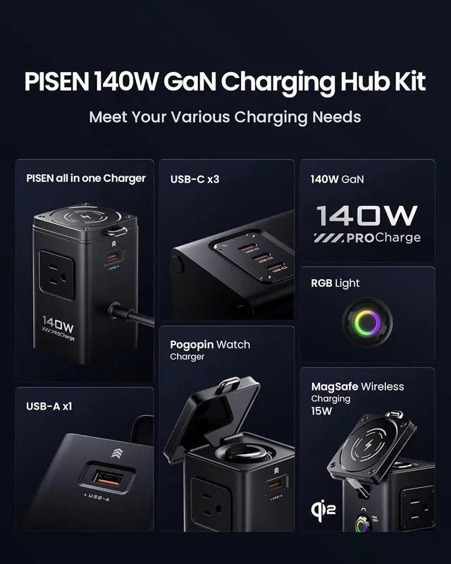 Alt view image 5 of 7 - PISEN 8-in-1 Mag-Safe Charger Stand - 140W Charging Station for Multiple Devices Mag-Safe Stand Magnetic Qi2 Wireless Charger for iPhone 16/15/14/13/12 Series, Magnetic Charger for Apple Watch