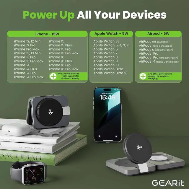 Alt view image 3 of 7 - GEARit 3-in-1 Wireless Charging Station - Qi2 MagSafe Charger Stand for Phone, Watch and Earbuds - Works with iPhone 15, 16, 16 Pro, Pro Max, Apple Watch, Airpods, Samsung Galaxy and Multiple Devices