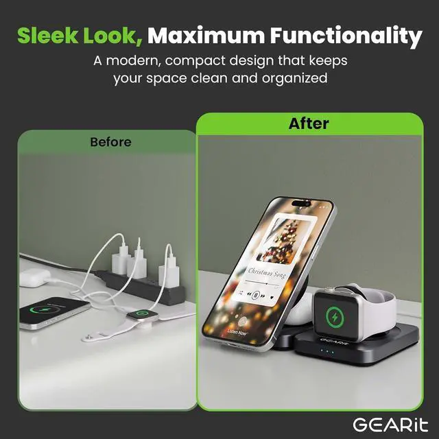 Alt view image 4 of 7 - GEARit 3-in-1 Wireless Charging Station - Qi2 MagSafe Charger Stand for Phone, Watch and Earbuds - Works with iPhone 15, 16, 16 Pro, Pro Max, Apple Watch, Airpods, Samsung Galaxy and Multiple Devices