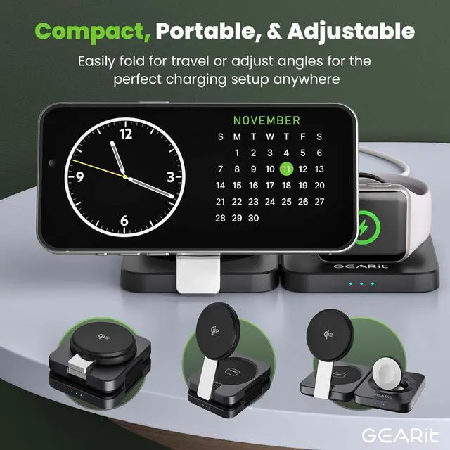 Alt view image 5 of 7 - GEARit 3-in-1 Wireless Charging Station - Qi2 MagSafe Charger Stand for Phone, Watch and Earbuds - Works with iPhone 15, 16, 16 Pro, Pro Max, Apple Watch, Airpods, Samsung Galaxy and Multiple Devices