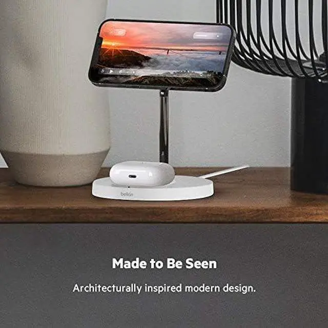 Alt view image 4 of 4 - Belkin MagSafe 2-in-1 Wireless Charging Stand for iPhone 16, 15, 14, 13 & AirPods - MagSafe Fast Charging Station - White