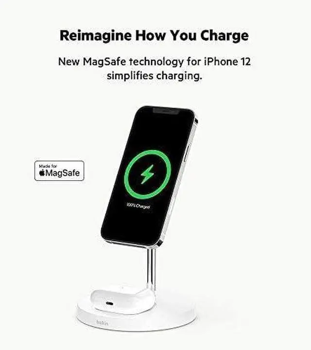 Main image of Belkin MagSafe 2-in-1 Wireless Charging Stand for iPhone 16, 15, 14, 13 & AirPods - MagSafe Fast Charging Station - White