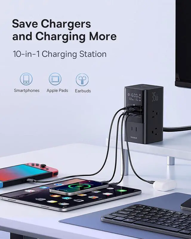 Alt view image 2 of 7 - Baseus 10-in-1 USB C Charging Station, 35W PowerCombo Fast Charging Power Strip with 6AC+2U+2C USB, USB C Charging Station for Desktop Accessories, MacBook, Tablets in Office, Home and Dorm
