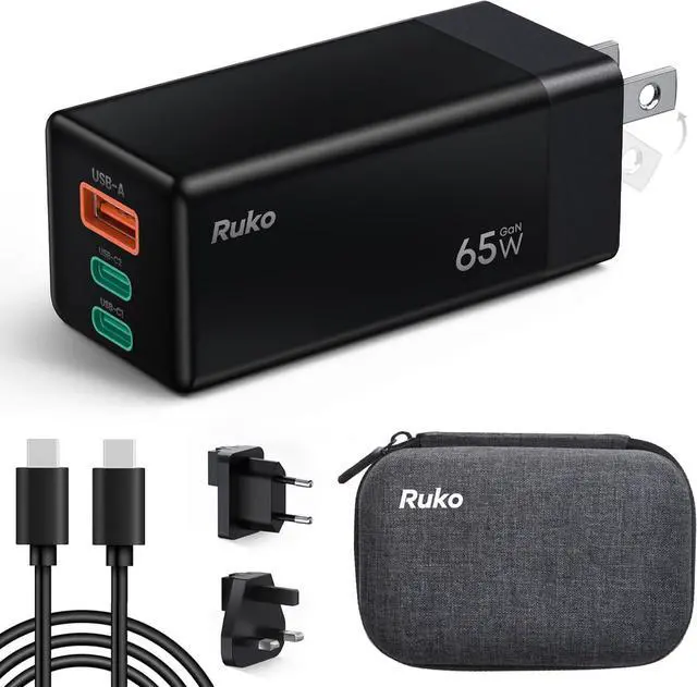 Main image of Ruko 65W USB C Charger, 3 Port International Travel Charger Kit, GaN Fast Charging Block with Portable Bag Cable UK EU Plug for iPhone 16/Pro, Galaxy S24, MacBook, iPad, Steam Deck, Drones