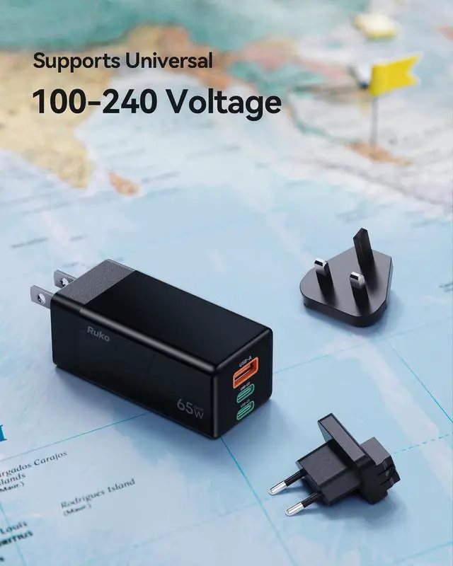 Alt view image 2 of 7 - Ruko 65W USB C Charger, 3 Port International Travel Charger Kit, GaN Fast Charging Block with Portable Bag Cable UK EU Plug for iPhone 16/Pro, Galaxy S24, MacBook, iPad, Steam Deck, Drones