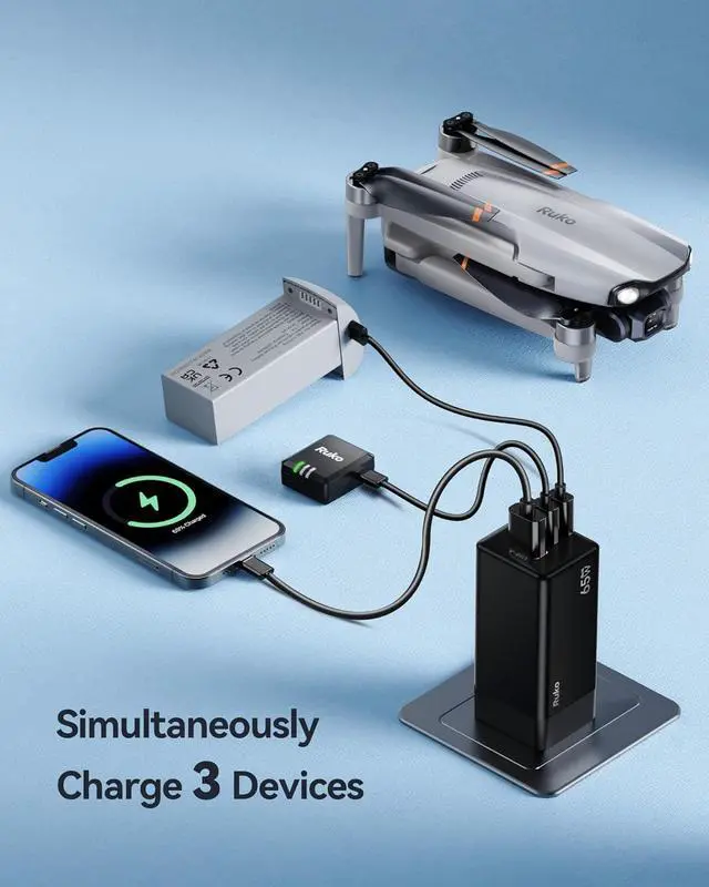 Alt view image 4 of 7 - Ruko 65W USB C Charger, 3 Port International Travel Charger Kit, GaN Fast Charging Block with Portable Bag Cable UK EU Plug for iPhone 16/Pro, Galaxy S24, MacBook, iPad, Steam Deck, Drones