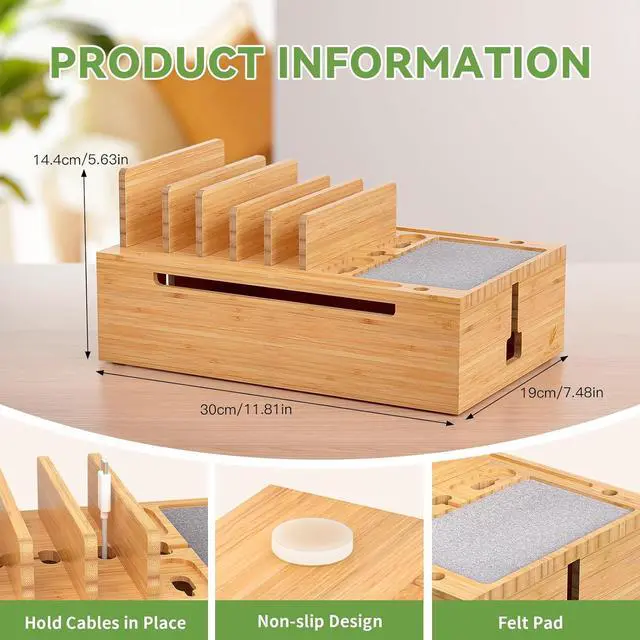 Alt view image 2 of 7 - Pezin & Hulin Bamboo Charging Station for Multiple Devices, USB Charger Dock Organizer, with Power Supply (10 Ports HUB), 6 Cables, Cable Management Organizer for Cell Phones, Tablets -Large Natural