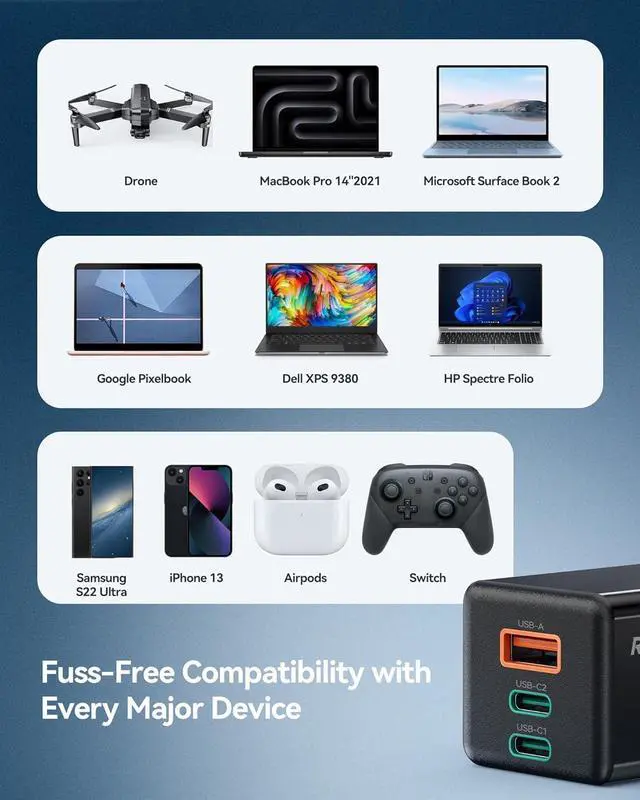 Alt view image 7 of 7 - Ruko 65W USB C Charger, 3 Port International Travel Charger Kit, GaN Fast Charging Block with Portable Bag Cable UK EU Plug for iPhone 16/Pro, Galaxy S24, MacBook, iPad, Steam Deck, Drones