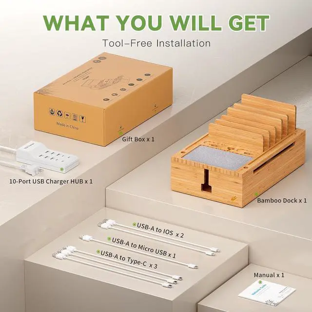 Alt view image 4 of 7 - Pezin & Hulin Bamboo Charging Station for Multiple Devices, USB Charger Dock Organizer, with Power Supply (10 Ports HUB), 6 Cables, Cable Management Organizer for Cell Phones, Tablets -Large Natural